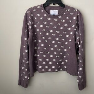 Champion Sweatshirt Womens Size Large Purple White Logo Pullover Crewneck Crop